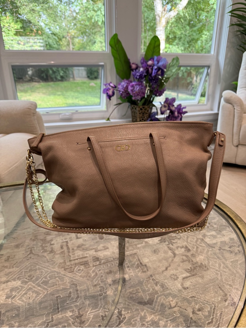 Salvatore Ferragamo Taupe Leather Tote with Gold Hardware